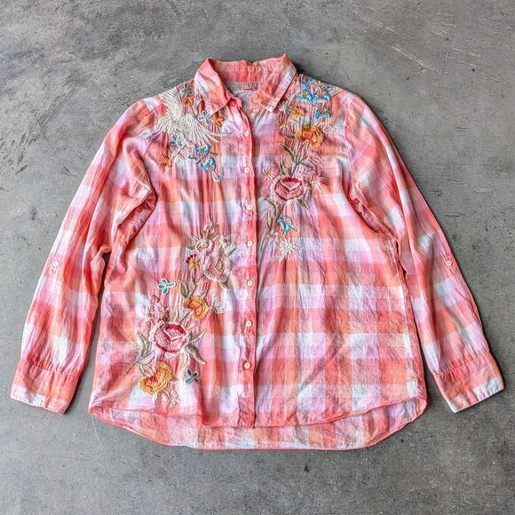 Johnny Was Tops - Johnny Was Orange Pink Plaid Floral Embroidered Button Front Shirt medium